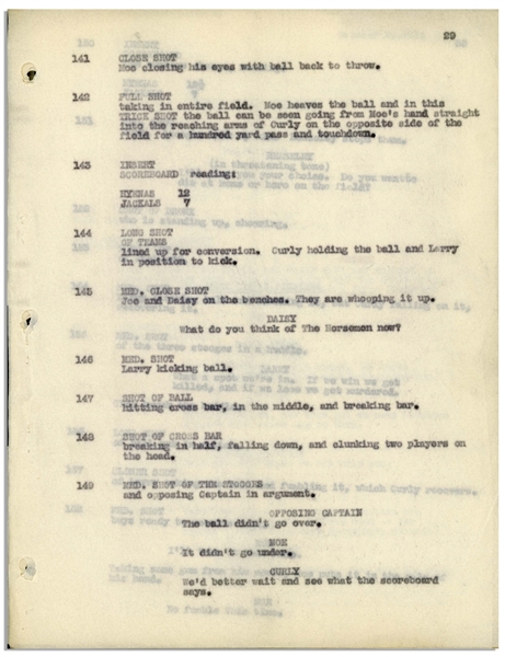 Moe Howard's 30pp. Script From October 1934 for The Three Stooges Film ''Three Little Pigskins'', Revised Pages Ending at Scene 158 -- Unbound on Onion Skin Paper, Very Good Condition
